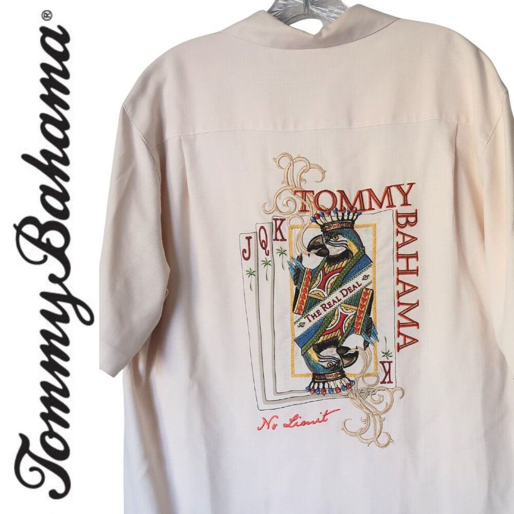 Tommy Bahama Shirt Men's L 100% SILK Back Embroidery Short Sleeve The Real Deal